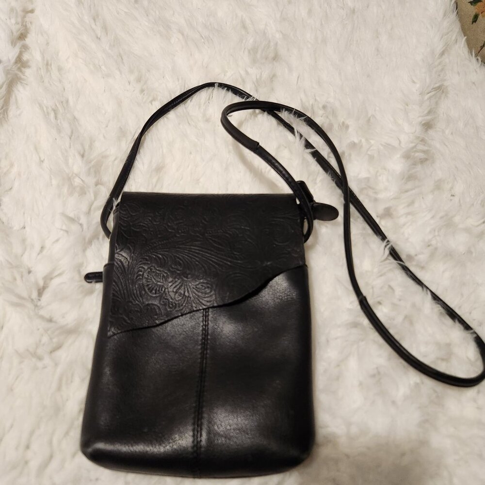 ili Soft Black Leather Purse With Tooled Design and Raw cut Rawhide Flap, Adjust